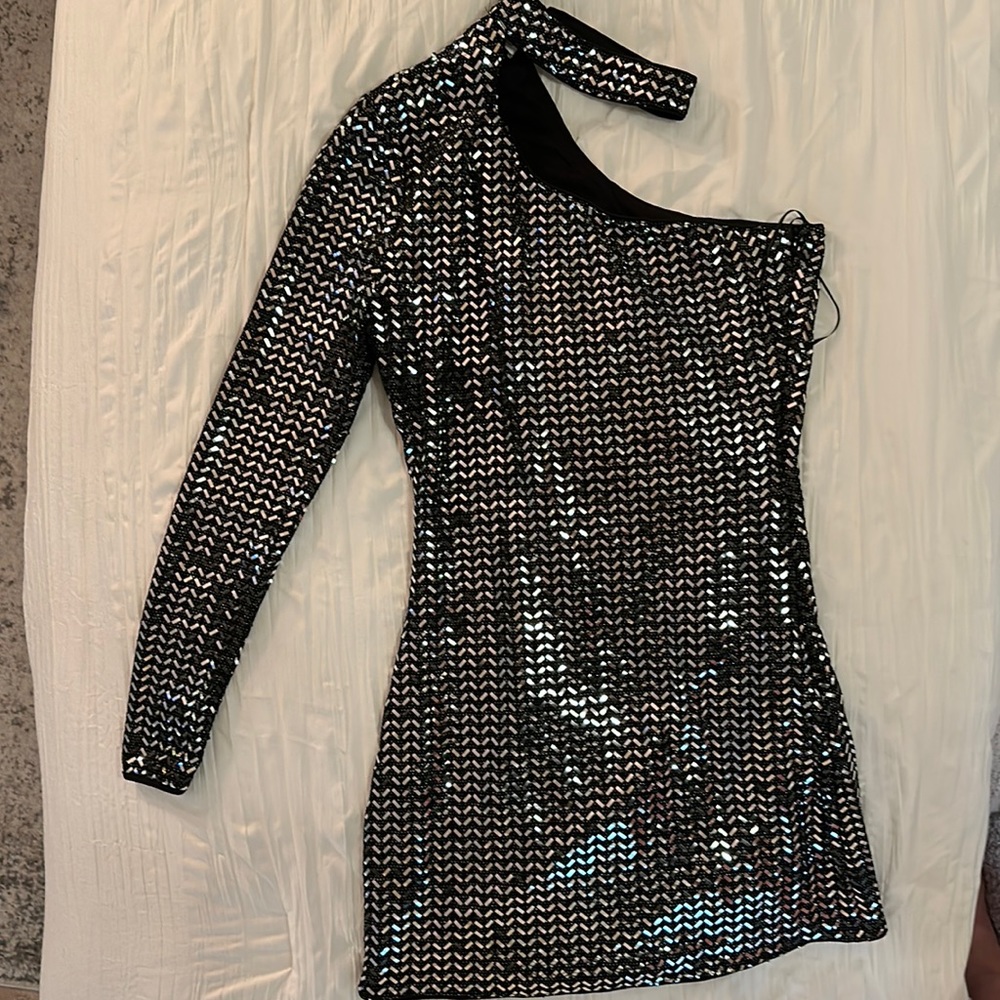 Revolve 1 shoulder Black Metallic Dress